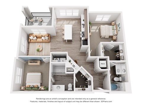 Floor plan for 2 beds, 2 baths, 1145 sqft